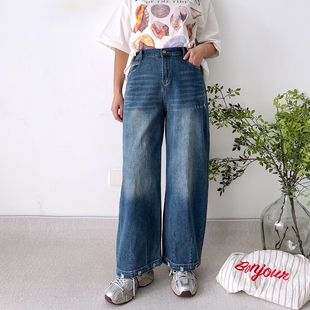 大爽大码女装弯刀牛仔裤女春季直筒阔腿裤松紧高腰女裤胖mm裤子