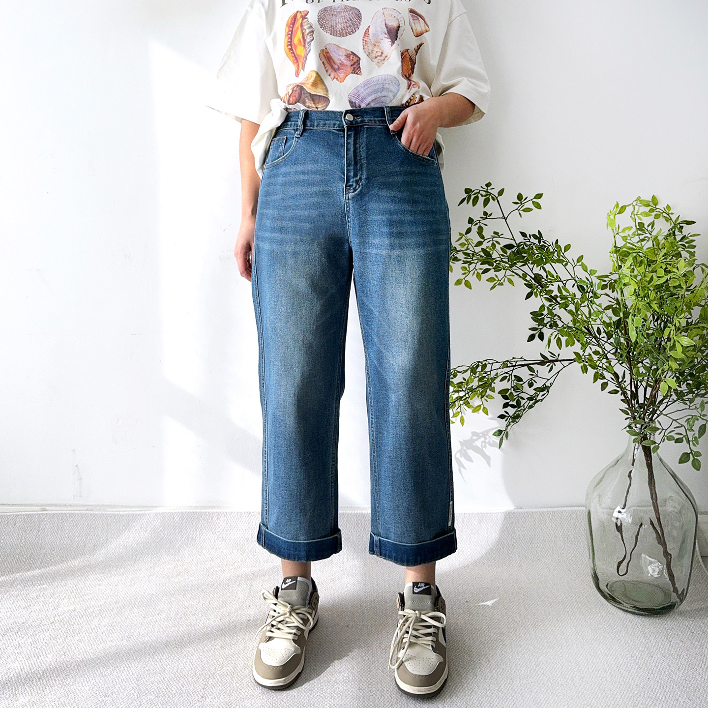 大爽大码女装微胖哈伦牛仔裤女春季高腰男友裤胖mm显瘦直筒裤子春