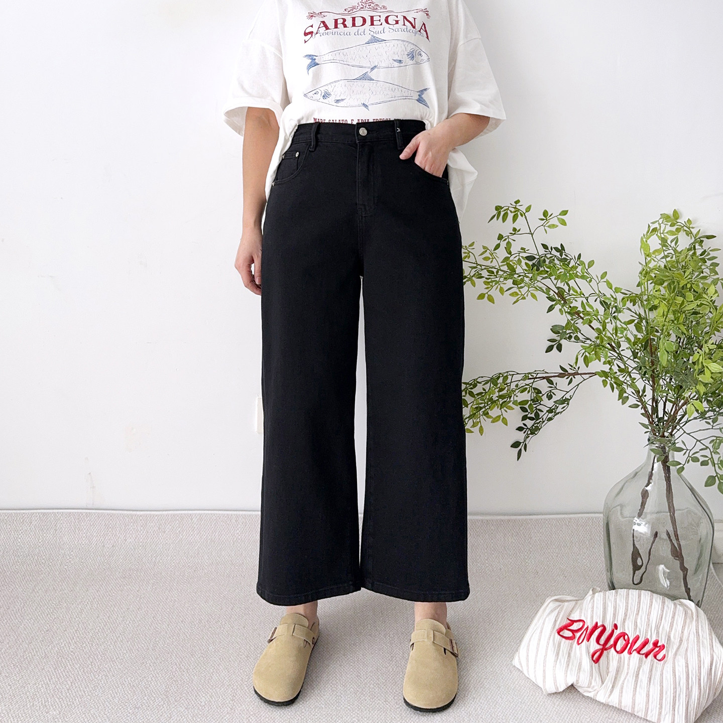 大爽大码女装直筒牛仔裤女春季奶奶裤高弹法棍裤胖mm显瘦黑色裤子