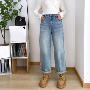 女秋季 直筒牛仔裤 高腰宽松长裤 梨形显瘦女裤 子 大码 蓝色胖mm裤 女装