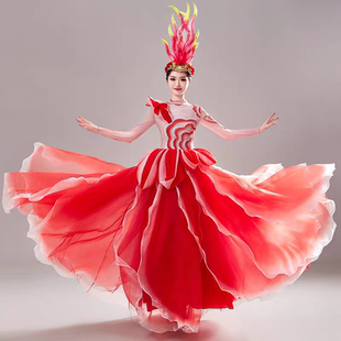 新款 中国歌伴舞大摆裙开场舞蹈服花瓣裙 现代舞演出服灯火里