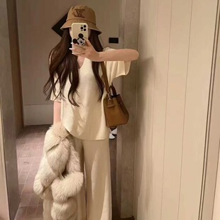 2026新款韩系慵懒风V领短袖T恤阔腿裤两件套女春季宽松休闲套装潮