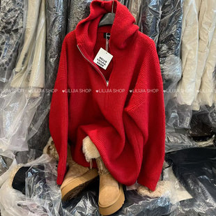 【五折】韩红色半拉链连帽毛衣女宽松百搭中长款针织上衣冬季新款