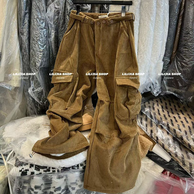 美式复古灯芯绒工装高腰阔腿裤女