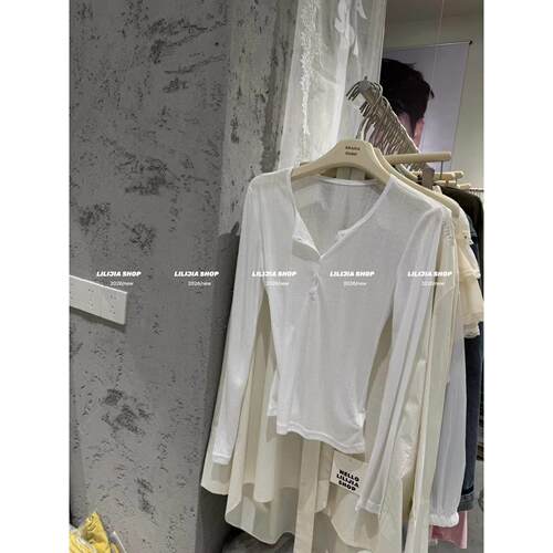 春夏休闲V领长袖修身亲肤女T恤