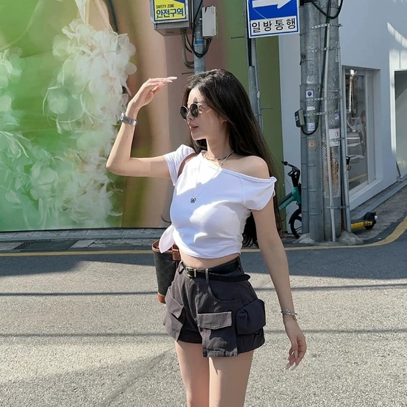 2025夏季新款韩版时尚百搭显瘦一字肩短袖T恤女侧边打结短款上衣