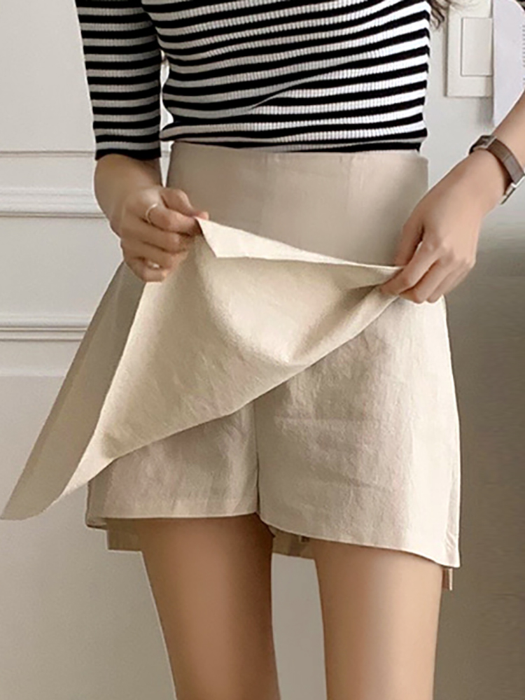 韩系亚麻裙裤一体女夏季修身高腰直筒裙假两件包臀半身裙棉麻短裙