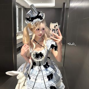 二次元原创正版新款蓝黑条纹小兔Lolita裙(包括帽子背后蝴蝶结套