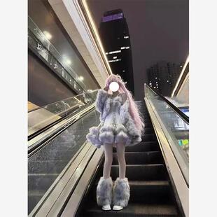 圣诞节新年战袍甜妹银色lolita外套毛绒仿皮草短款JSK洛丽塔套装