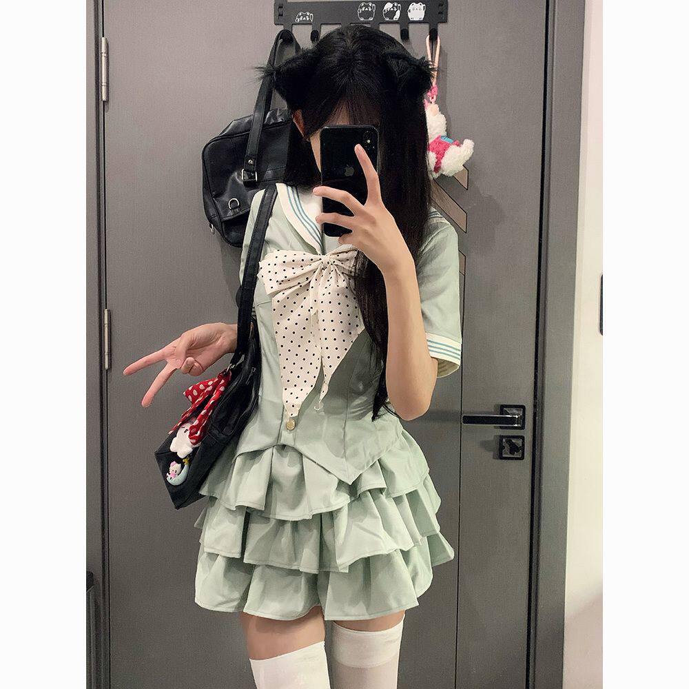 川屿海jk制服原创正版夏季收腰短袖水手服舒芙蕾薄荷套装一口芥末