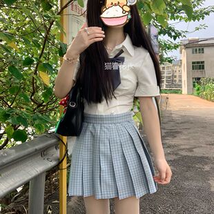 猫看花jk制服原创格裙【兰苓】学院风女百褶裙短裙显白绿色浅蓝
