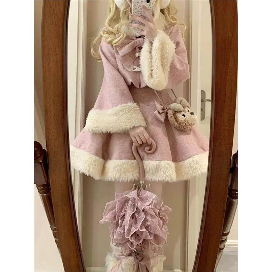 洛丽塔二次元秋冬日系lolita设计斗篷外套气质公主蓬蓬连衣裙套装