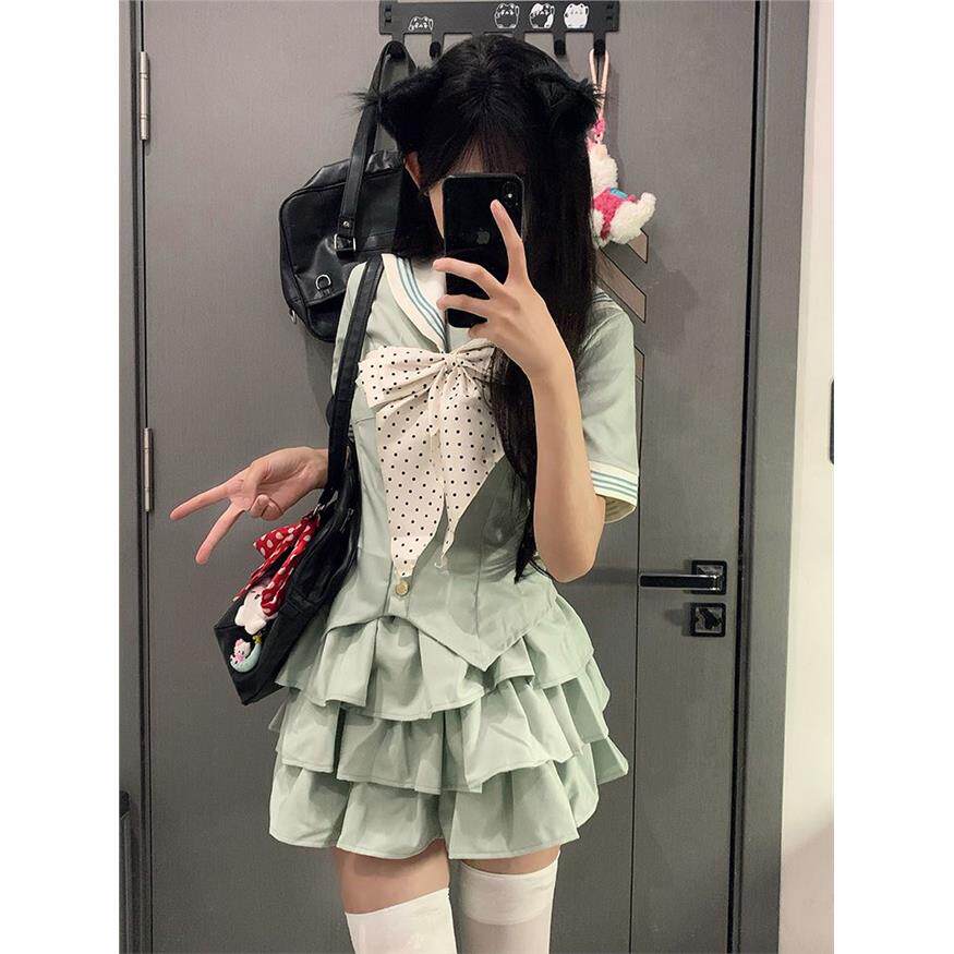 川屿海jk制服原创正版夏季收腰短袖水手服舒芙蕾薄荷套装一口芥末