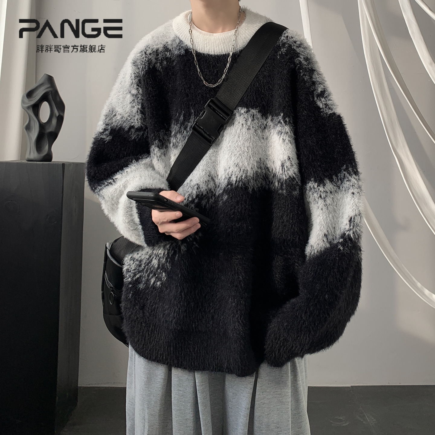 oversize复古撞色慵懒风毛衣男