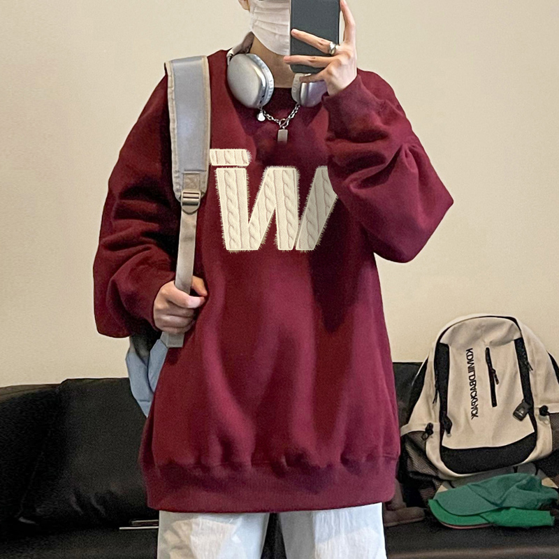 oversize美式复古酒红色卫衣男生