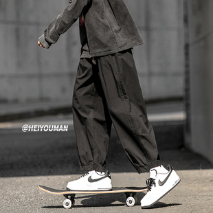宽松阔腿运动裤 夏哈伦裤 美式 滑板裤 老爹灯笼裤 痞帅九分束脚裤 男款