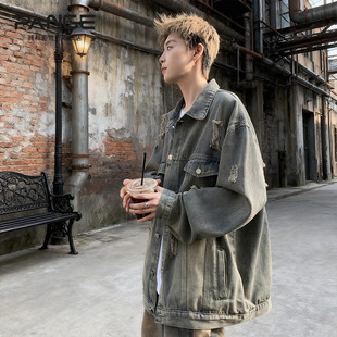 美式复古牛仔外套男士2026春季痞帅感水洗破洞宽松夹克男潮流衣服