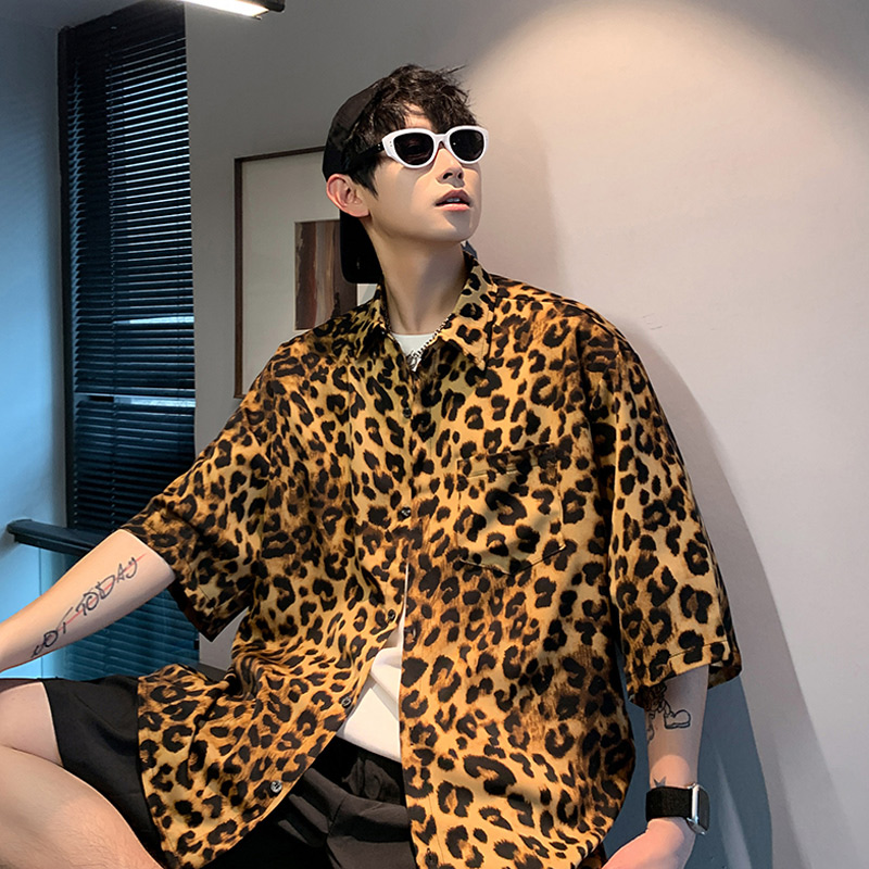 豹纹冰丝短袖衬衫男士薄款