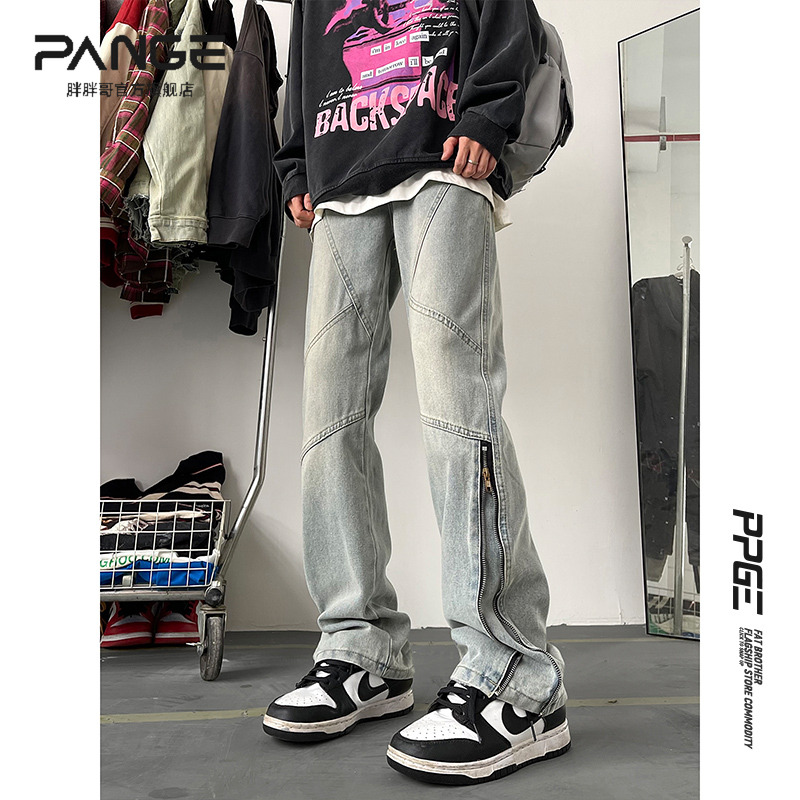 胖胖哥美式复古拉链牛仔裤男