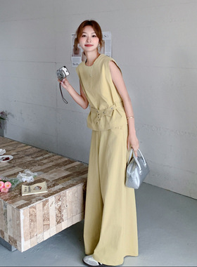 实拍黄色高级松弛感马甲套装女夏季2025新款御姐气质阔腿裤两件套