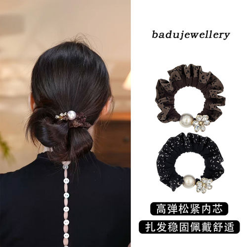 复古墨辞珍珠花朵大肠发圈女百搭