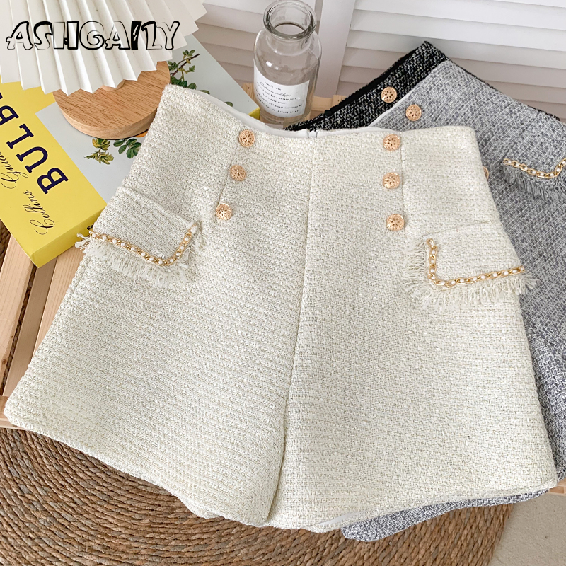 New High Waist Tweed Shorts Women Casual Loose Ladies Fashio