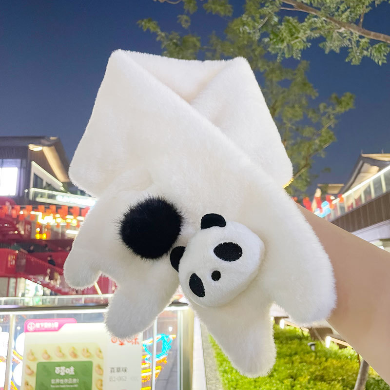 可爱卡通熊猫毛茸茸学生少女围巾加厚保暖交叉日系百搭仿兔毛