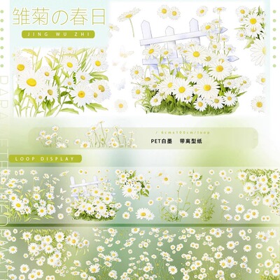 手帐分装胶带雏菊の春日景物志白花栅栏古风PET素材账流麻diy贴纸