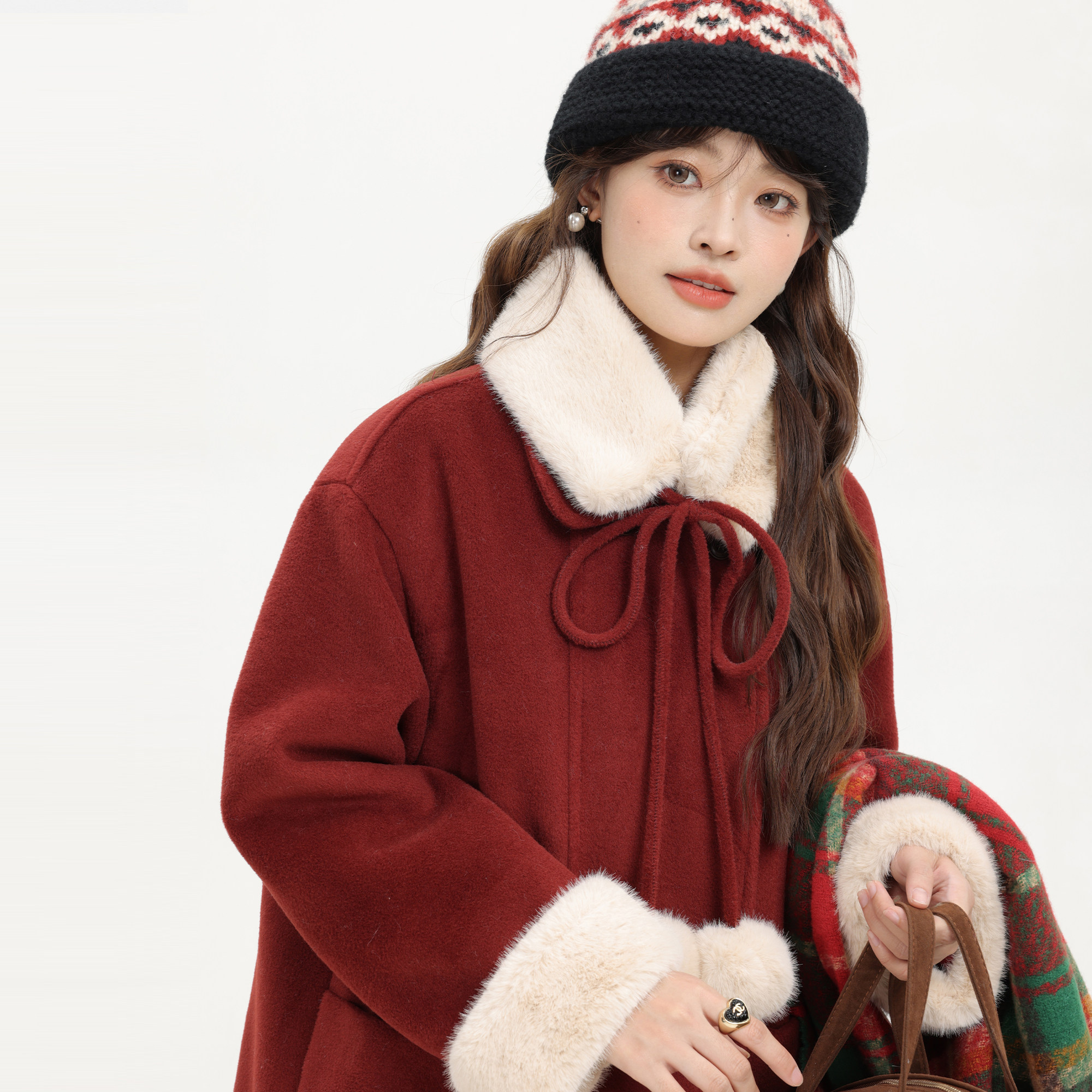 XinmonLee红色氛围感毛呢大衣女冬季加绒中长款百搭显瘦新年外套