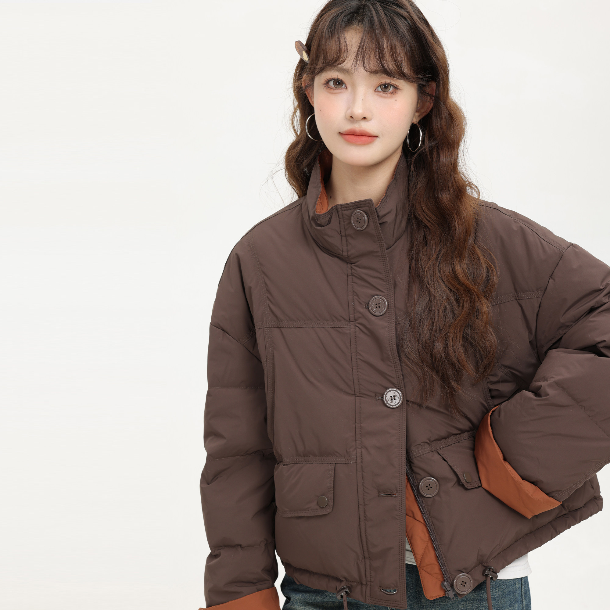 XinmonLee冬季新款复古休闲百搭咖色轻薄羽绒服撞色高级感面包服