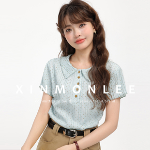 XinmonLee夏季短袖小清新波点绿色T恤女韩系甜美短款显瘦百搭上衣