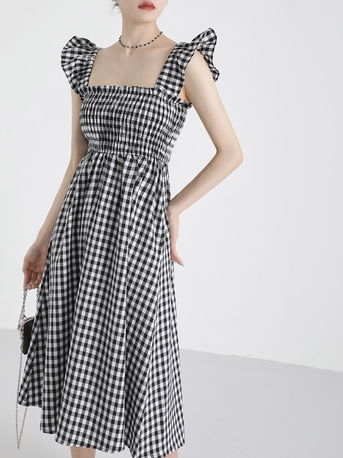 XINMONLEE BLACK AND WHITE PLAID FLYING SLEEVE SUNDRESS CHIC AND BEAUTIFUL DRESS CINCHED WAIST SLIM A-LINE LONG SKIRT SUMMER
