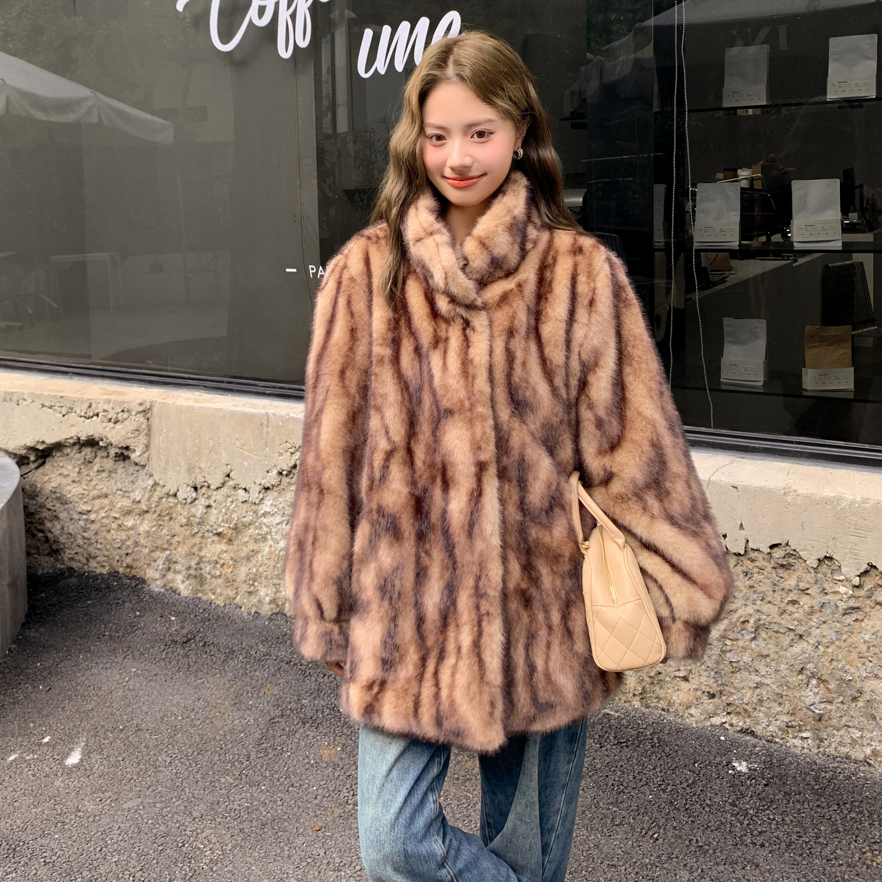 中古风抽刀立领仿水貂毛皮草外套