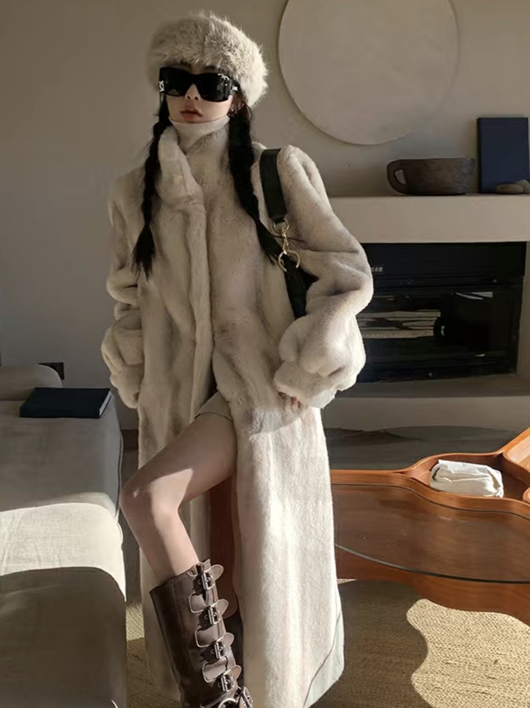 2024秋冬新款环保皮草外套女名媛水貂绒十字貂皮大衣保暖立领长款