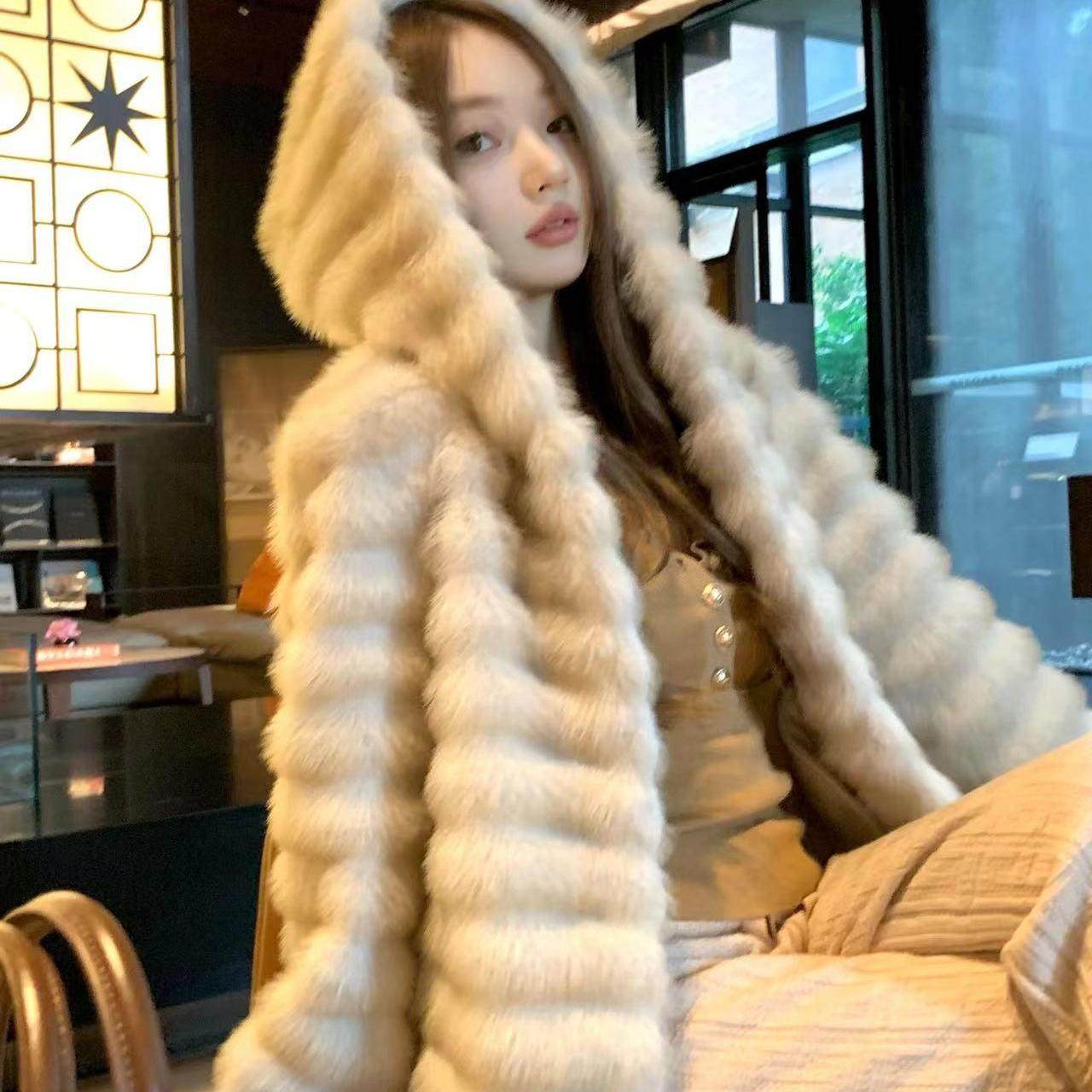 2025冬季新款环保紫貂连帽外套女加厚皮毛一体仿皮草外套