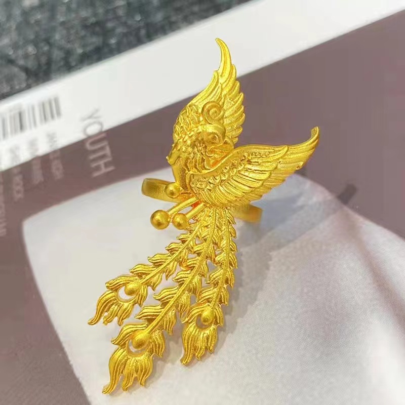 古法黄金凤凰戒指999足金孔雀戒指婚嫁结婚三金纯金指环送礼