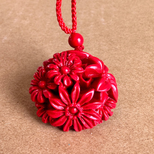 中国正红朱砂小花朵吊坠 男女中国风圆球形勃勃生机花蕊挂件礼品