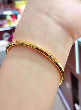 24K黄金手镯女款999足金实心素金光圈手环时尚推拉调节金镯子