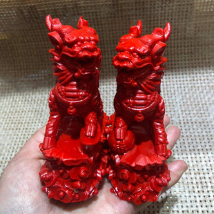 朱砂中国红麒麟摆件飞天火麒麟一对摆台家居摆饰办公桌车内装 饰品