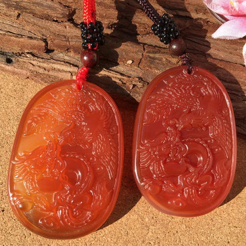 天然玛瑙龙凤呈祥吊坠 男女红玉髓龙凤牌挂件吉祥玉佩情侣送证书