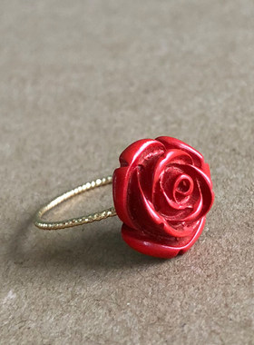 14K镀金包金玫瑰花戒指 高含量朱砂女士食指指环旺桃花开运送礼物