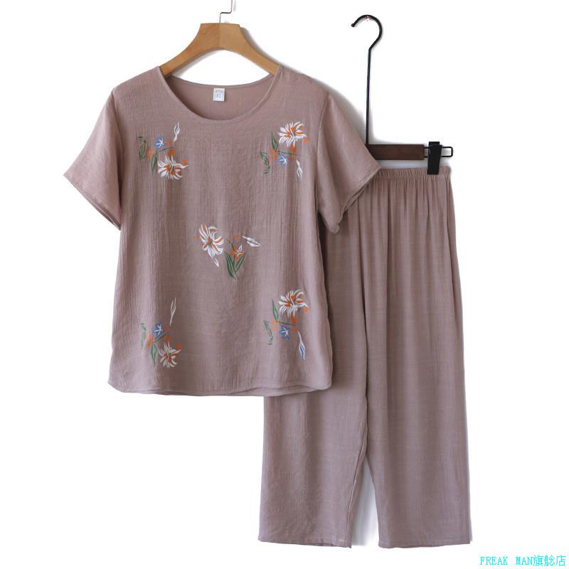 凉爽奶奶装夏装套装老年人女妈妈短袖棉麻睡衣老人夏天衣服两件*