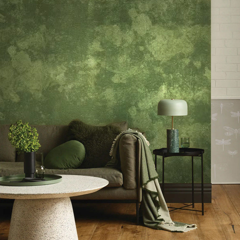 斑驳复古绿墙纸鎏金色水泥艺术漆肌理墙布法式卧室客厅背景墙壁纸