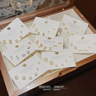 s925银针真金电镀一卡三对耳钉套装小巧精致耳环韩系感耳饰女