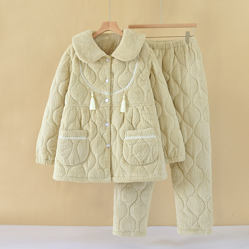睡衣女士珊瑚绒秋冬季夹棉加厚加绒保暖法兰绒家居服套装