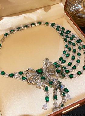 法式锆石蝴蝶结不对称流苏项链轻奢感锁骨链时尚潮流项饰