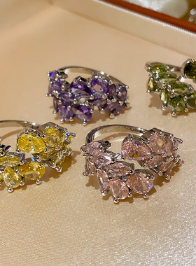 彩色麦穗锆石开口戒指轻奢感指环食指戒时尚百搭设计感手饰女