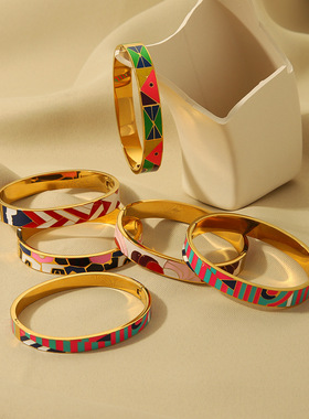 跨境欧美ins风潮流复古18k镀金七彩多巴胺圈圈女士创意感手镯