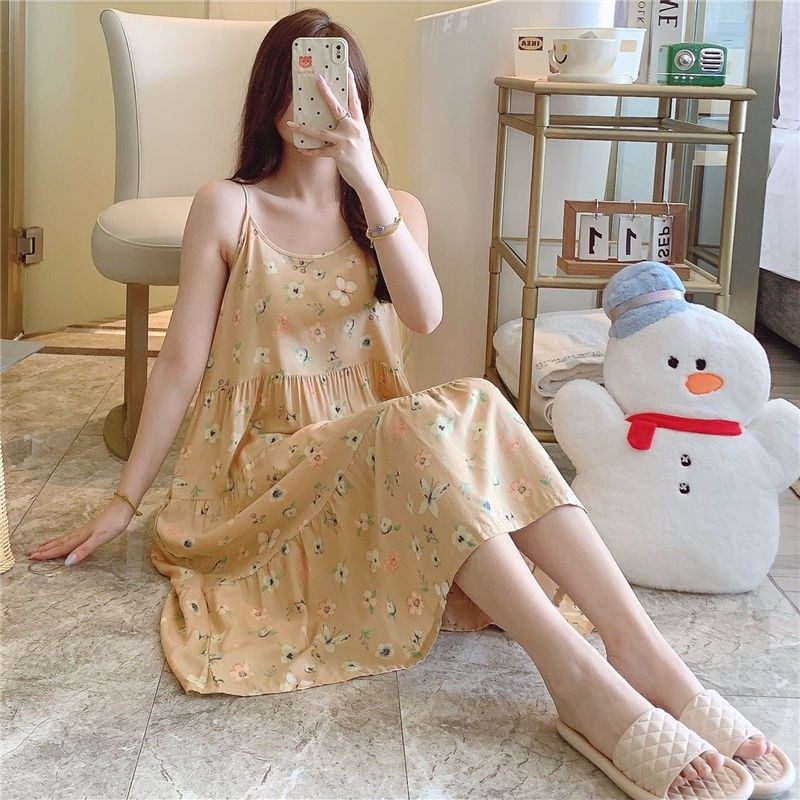 夏季吊带睡裙女士薄款棉绸可外穿性感碎花甜美新款绵绸中长裙