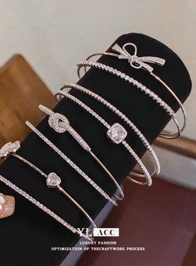 欧美轻奢风锆石蝴蝶结方形葫芦双层开口手镯小众气质感手饰女